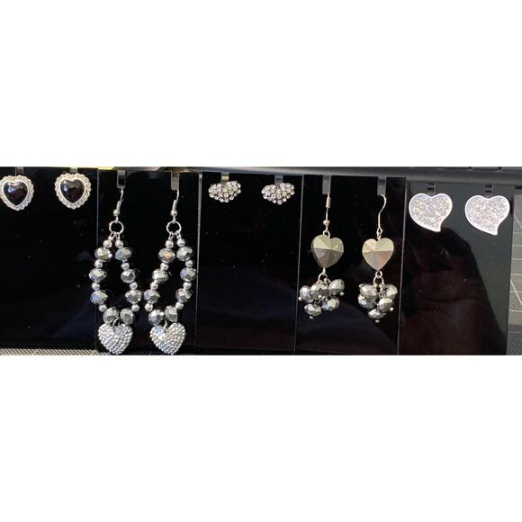 Earrings Heart And Sparkle Silver Color Themed 4 Pair Lot Pierced Dangler FLAW - Picture 9 of 12
